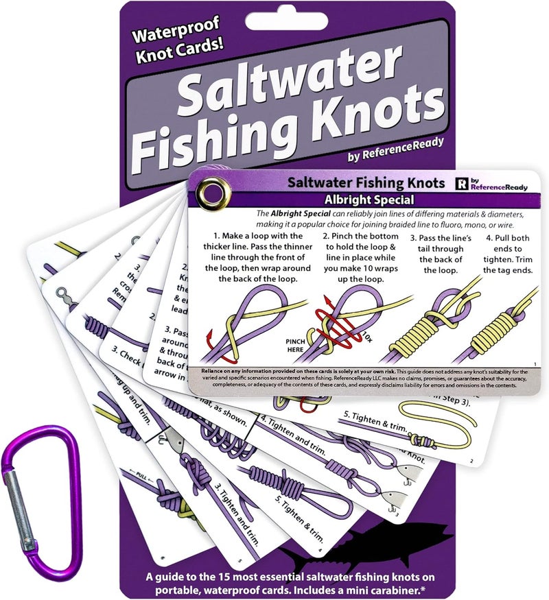 ReferenceReady Saltwater Fishing Knot Cards - Waterproof Pocket Guide to 15 Big Game Fishing Knots | Includes Portable Book of Inshore and Deep Sea Fishing Knots and a Mini Carabiner - Image 1